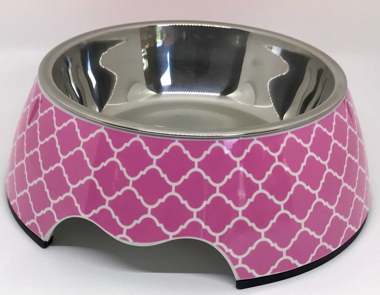 Pink medium size dog bowl with removable stainless steel insert and melamine outer bowl