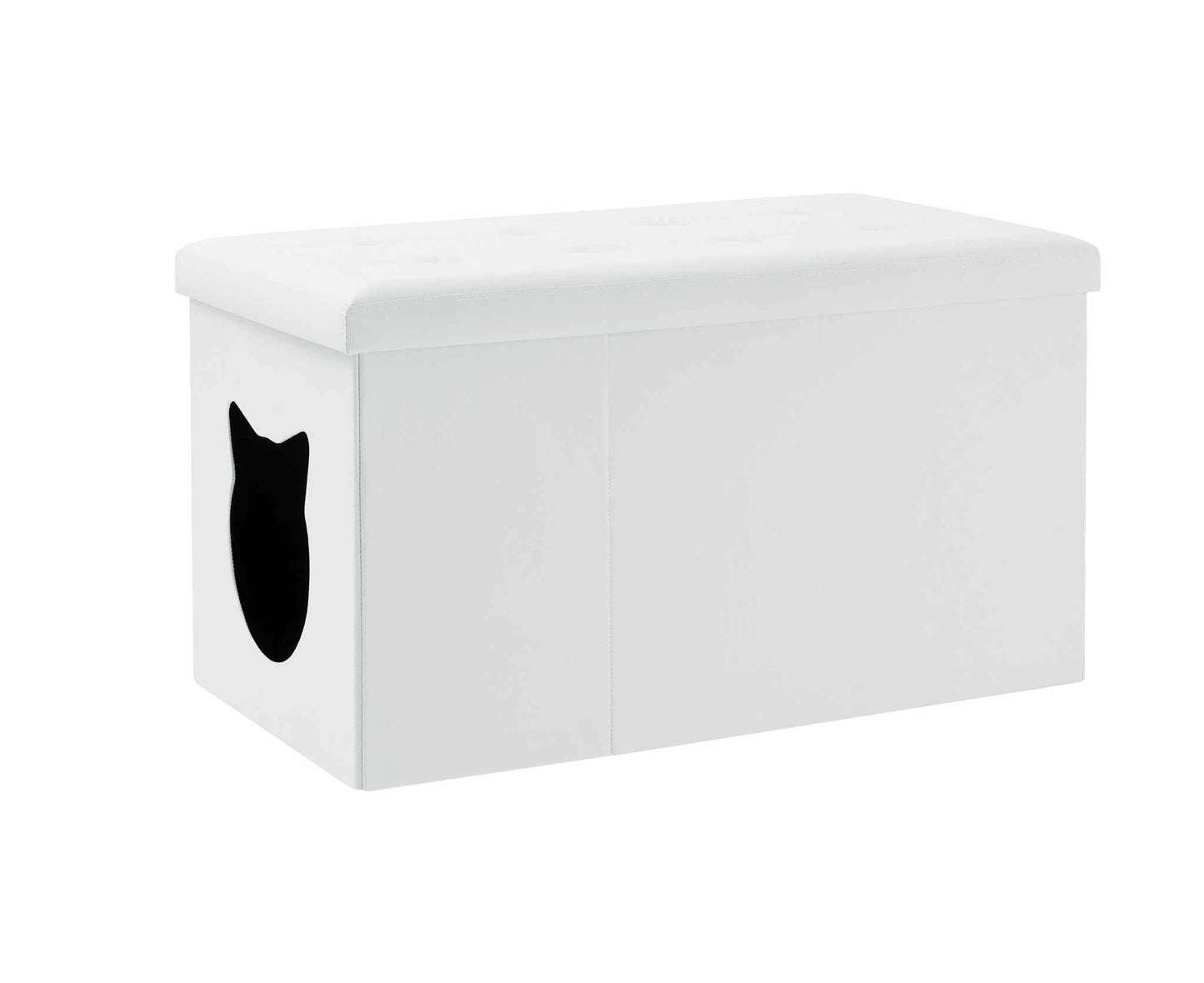 Designer cat litter box enclosure ottoman with tufted top and faux leather upholstery for stylish home decor and easy assembly.