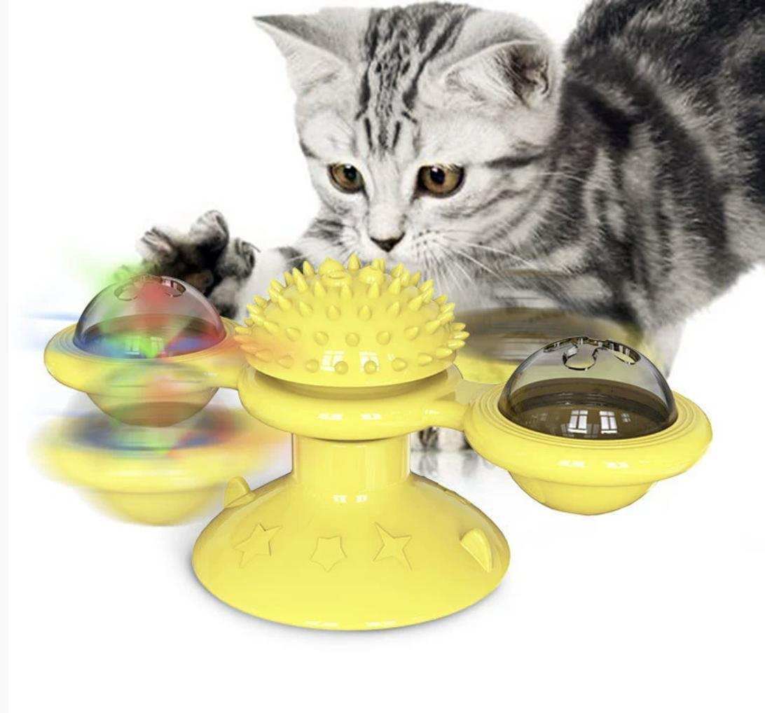 Interactive indoor cat windmill toy with LED light ball and suction cup for exercise and entertainment