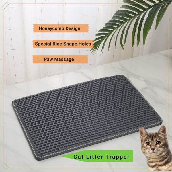 Grey double layer cat litter box mat with splash proof, urine resistant EVA material and unique MiLi shape design