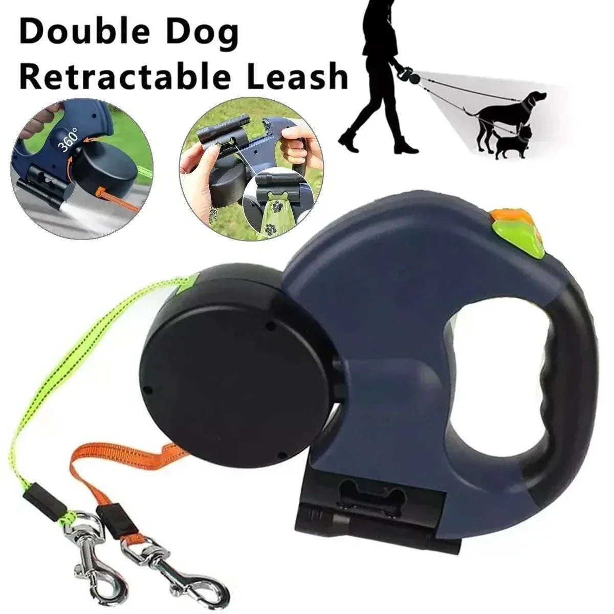 Dual pet leash retractable reflective 360 swivel double dog walking leash with ergonomic handle and built-in night light