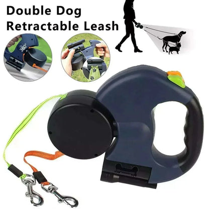 Dual pet leash retractable reflective 360 swivel double dog walking leash with ergonomic handle and built-in night light