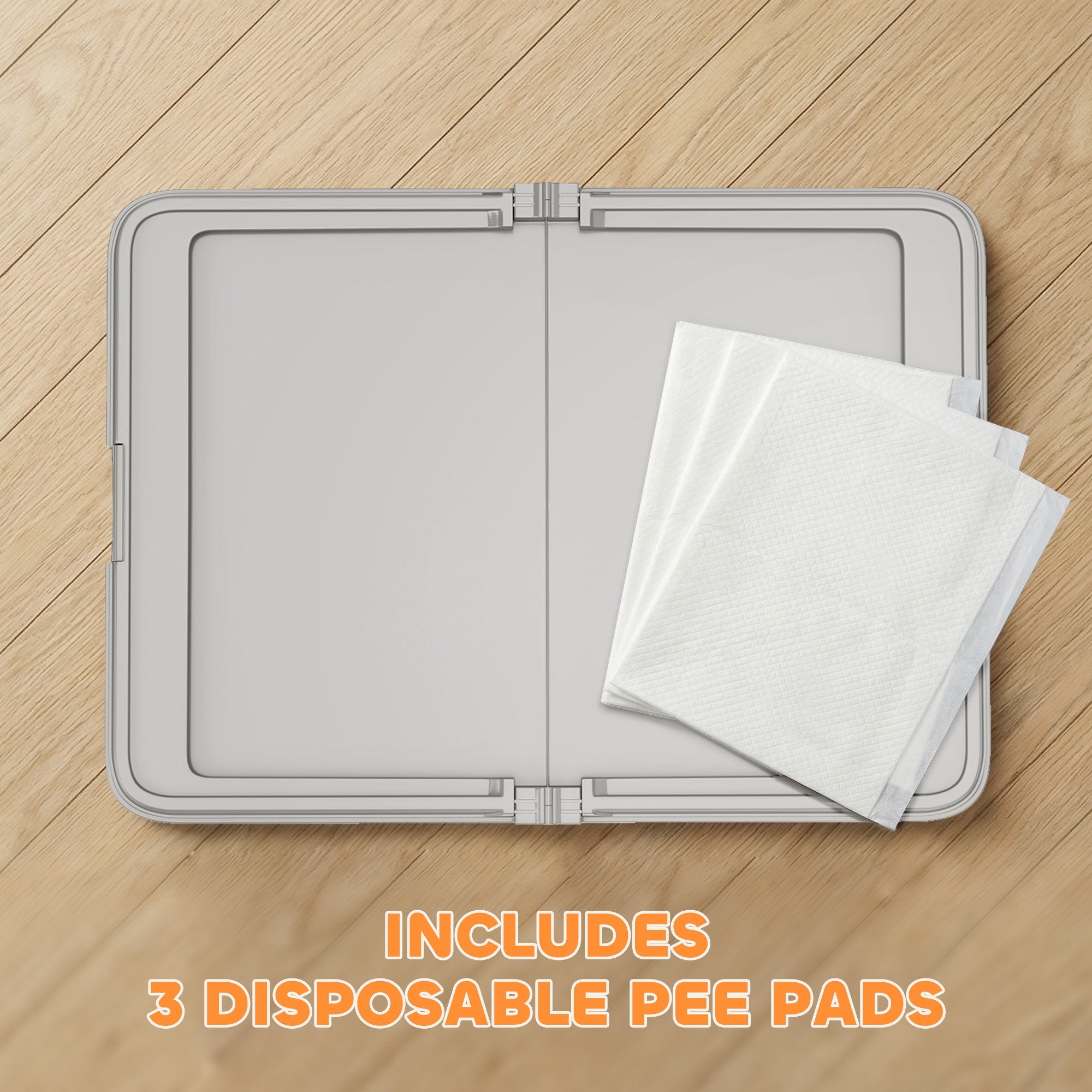 Pee Pad Holder Foldable Dog Litter Box with 3 Disposable Pads, 33.9" x 24.4", Gray