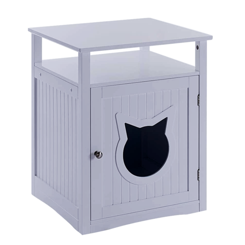 Nightstand pet house doubling as stylish litter box cover and small pet crate with dual openings and bedside table design