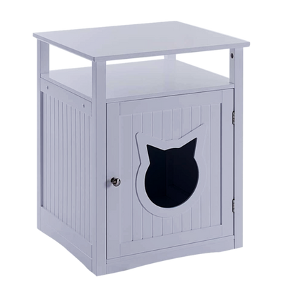 Nightstand pet house doubling as stylish litter box cover and small pet crate with dual openings and bedside table design