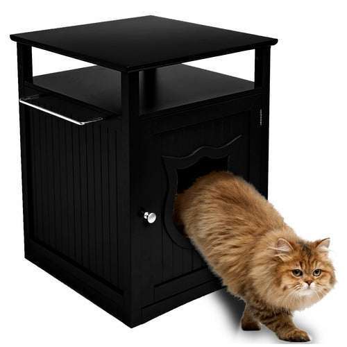 Nightstand pet house with dual side openings, serves as litter box cover and stylish furniture for cats.