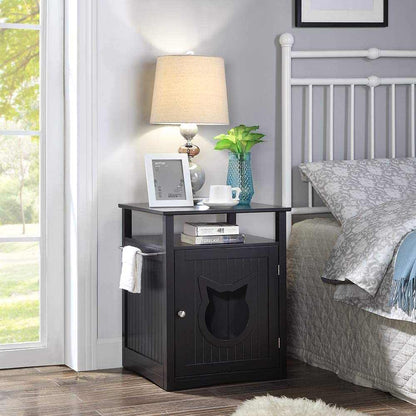 Stylish nightstand pet house doubling as litter box furniture with dual cat entry openings