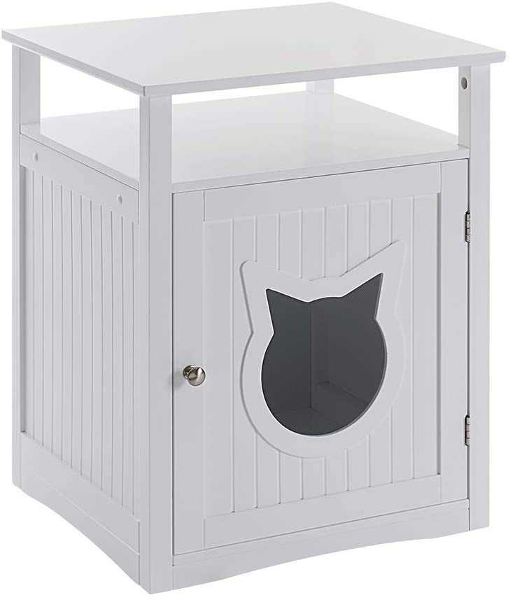 Nightstand pet house doubling as litter box cover and small pet crate with stylish furniture design.