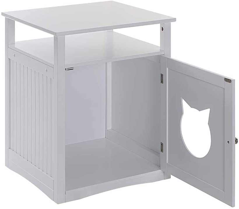 Nightstand pet house doubling as a stylish multi-functional litter box furniture and indoor pet crate with side openings for cats.