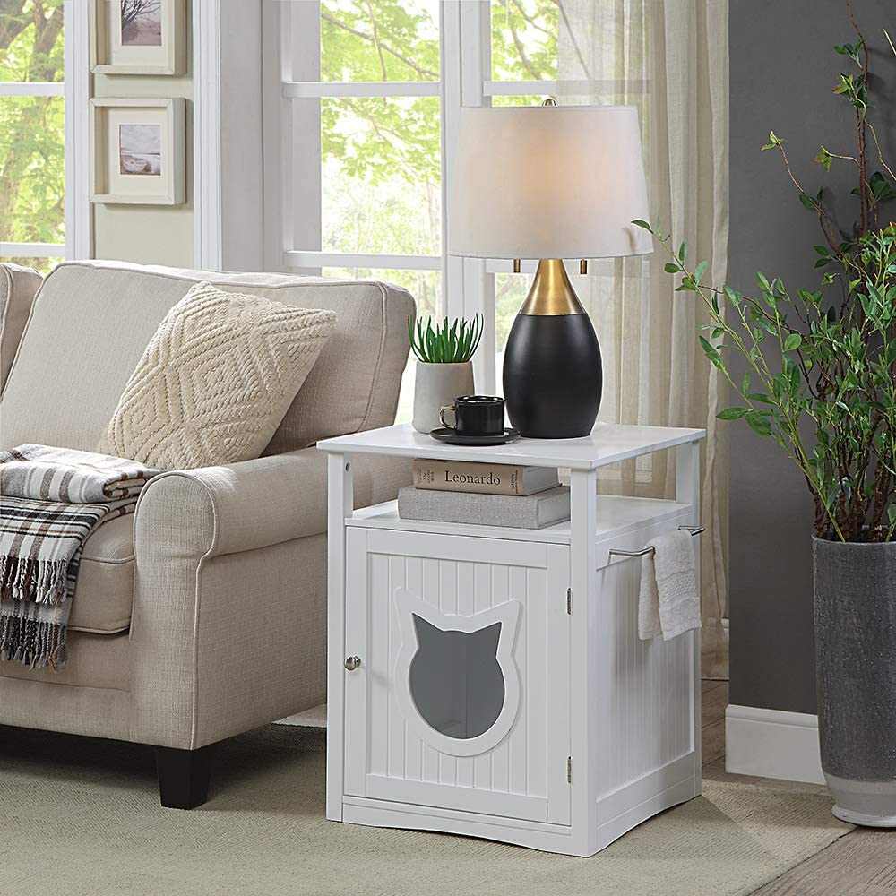 Nightstand pet house doubling as litter box cover and stylish indoor cat furniture with side openings