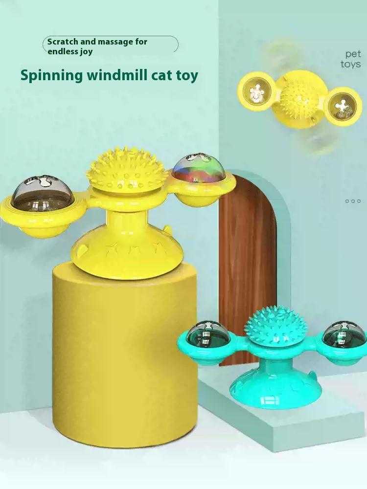 Interactive windmill toy cat playset with LED ball, suction cup, and catnip for indoor exercise