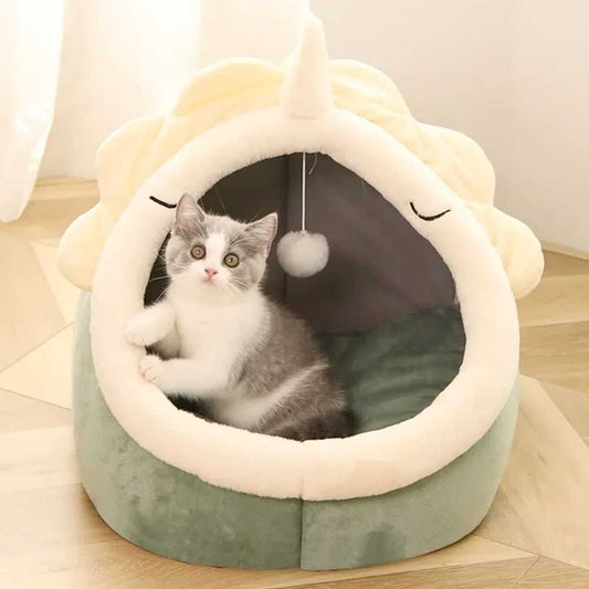 Adorable dinosaur pet house with soft bed and dangling toy for cats or dogs