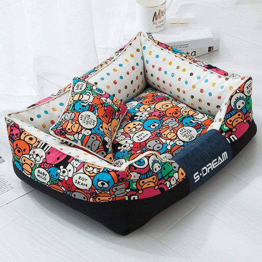 Colorful cartoon pet nest bed with plush pillow for dogs and cats in multiple sizes