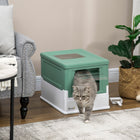 Fully Enclosed Cat Litter Box with Front Entry and Top Exit, Plastic, Green & White