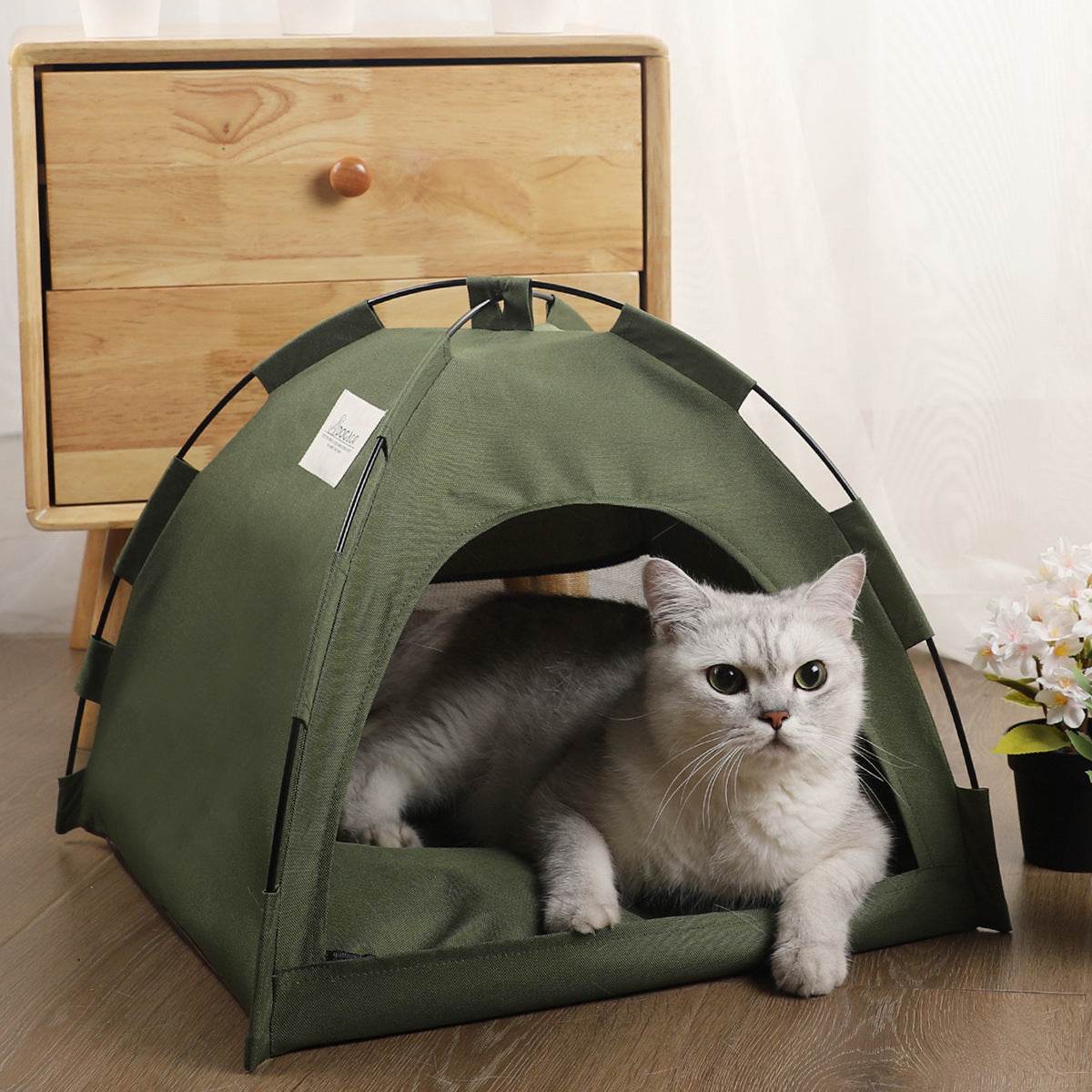 Cat tent cooling mat pet sofa dog house with cushion in military green and turquoise gray