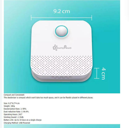 DownyPaws 4000mAh smart cat odor purifier for litter box with USB charging and low noise design