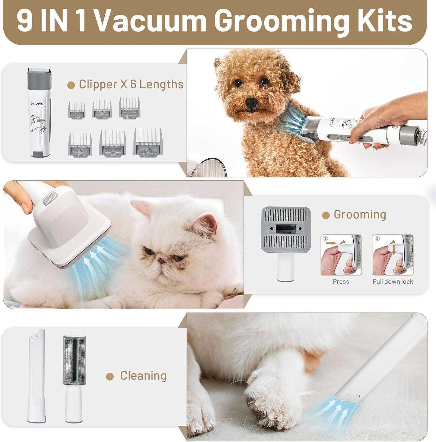 Dog grooming kit with low noise pet hair vacuum and grooming tools for comfortable pet care