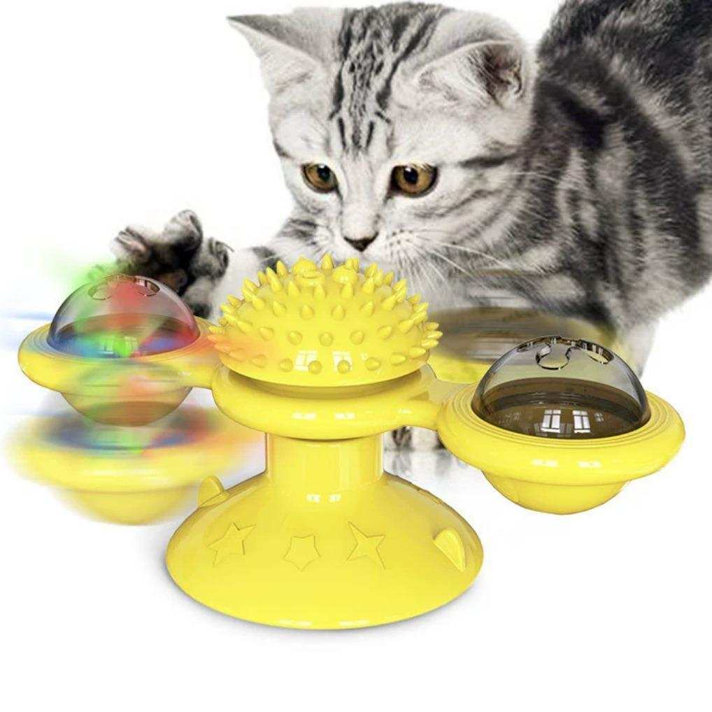 Interactive windmill toy with LED ball and suction cup for indoor cat play and exercise