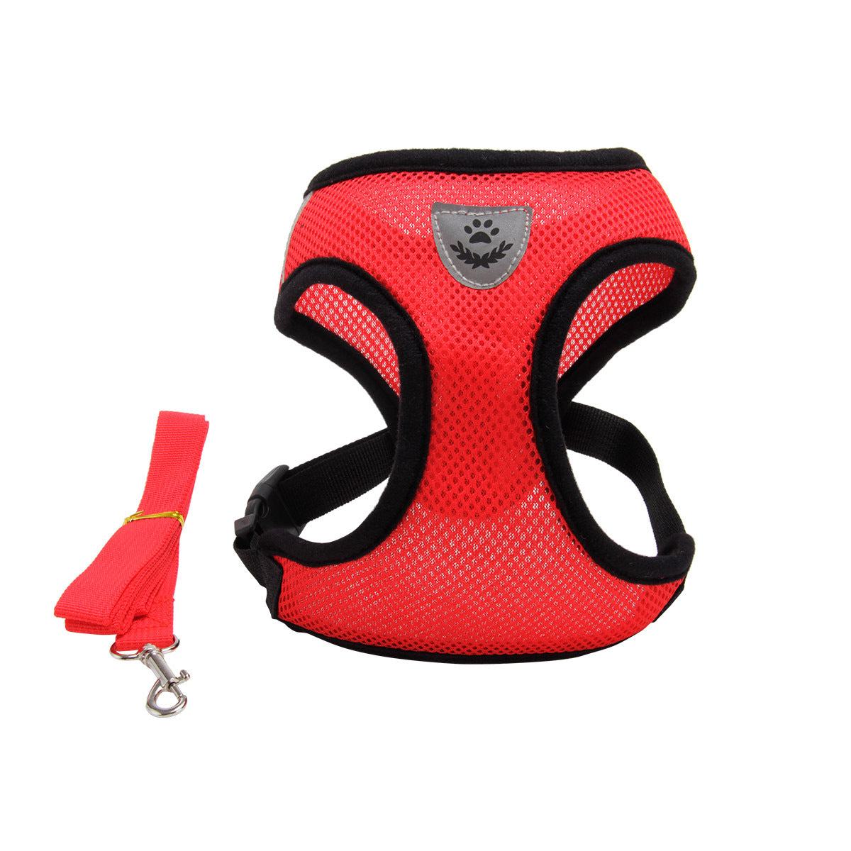 High-end multi-color dog harness with mesh chest and back, available in red, blue, orange, pink, and black.
