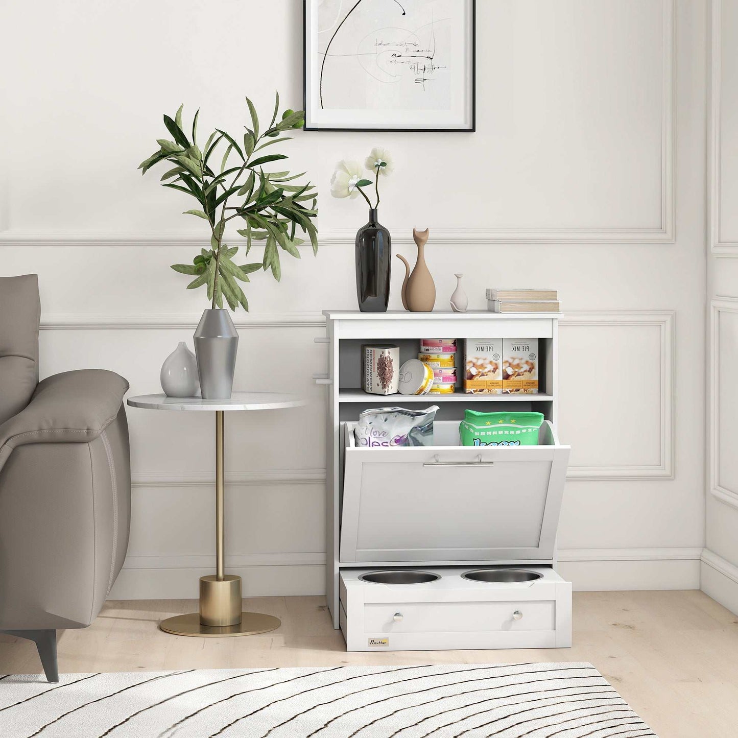 Pet Feeder Station Storage Cabinet, Dog Food Storage Container with Dog Raised Bowls, Watering Supplies, White