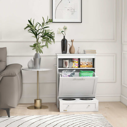 Pet Feeder Station Storage Cabinet, Dog Food Storage Container with Dog Raised Bowls, Watering Supplies, White