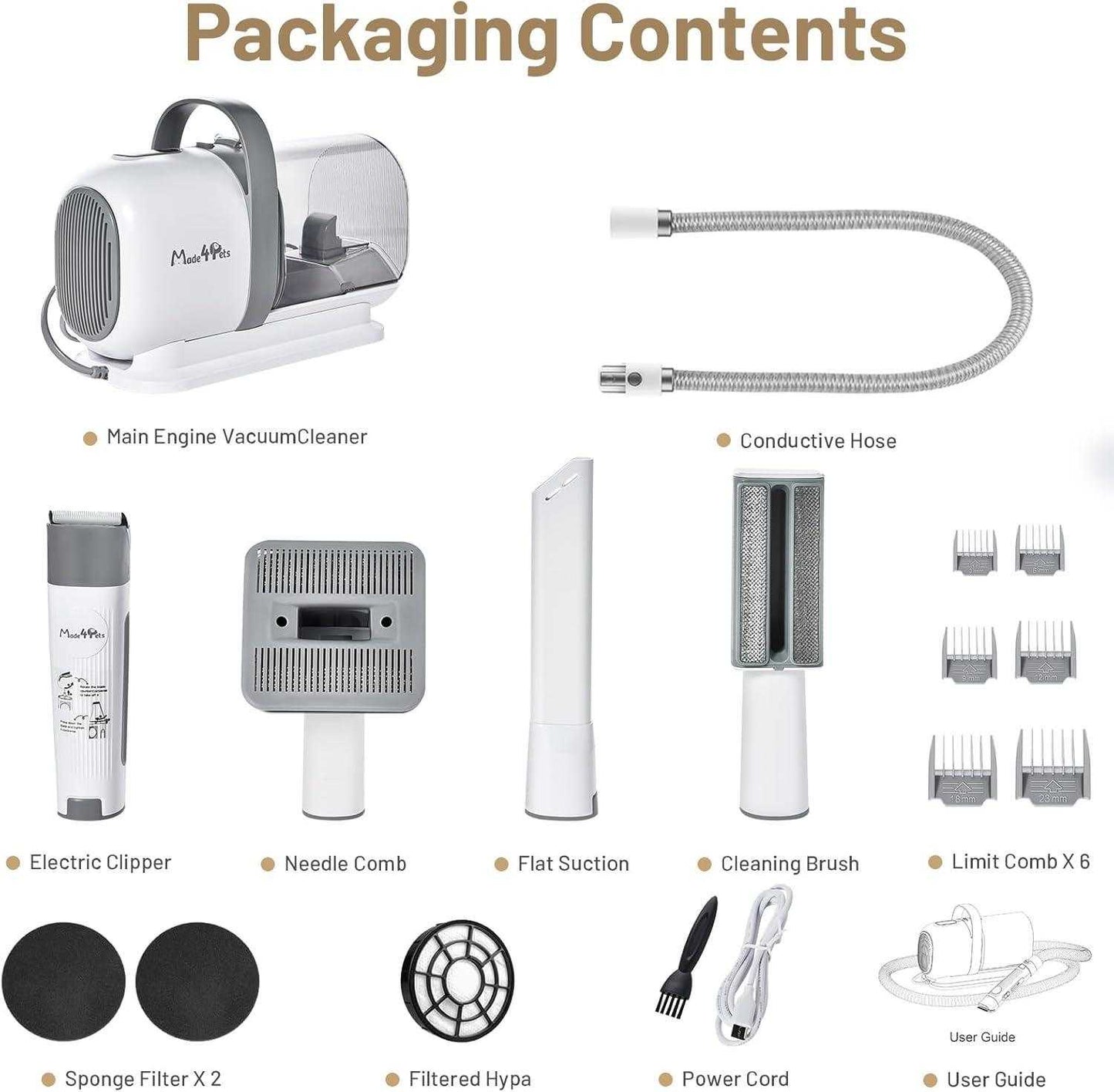 Dog grooming kit with low noise vacuum cleaner and versatile grooming tools for pet hair removal and styling