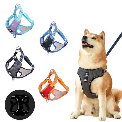 Adjustable breathable mesh pet dog harness with reflective piping for safety