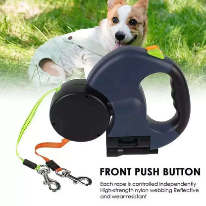 Dual pet leash retractable reflective 360 swivel double dog walking leash with ergonomic handle and built-in night light