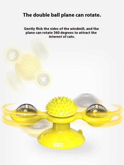 Interactive windmill toy with LED light ball, suction cup, and catnip for indoor cat exercise and entertainment