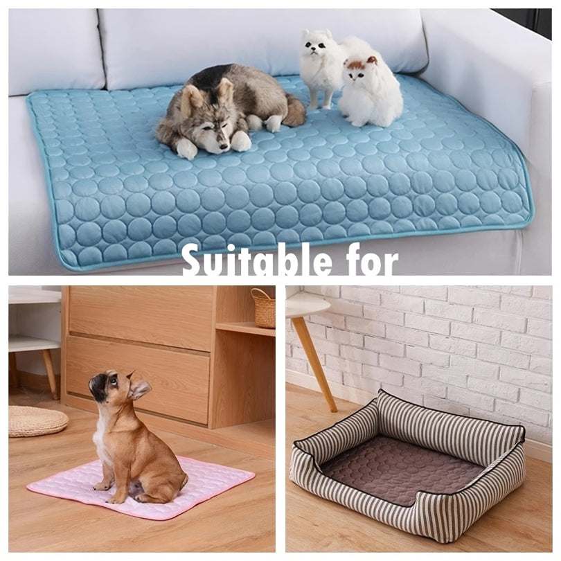 Dog cooling mat for summer with breathable ice silk fabric in multiple sizes and colors for small and big dogs and cats