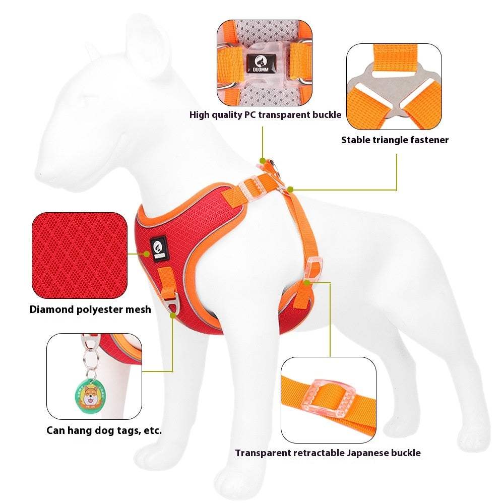 Adjustable breathable mesh pet dog harness with reflective piping for safety