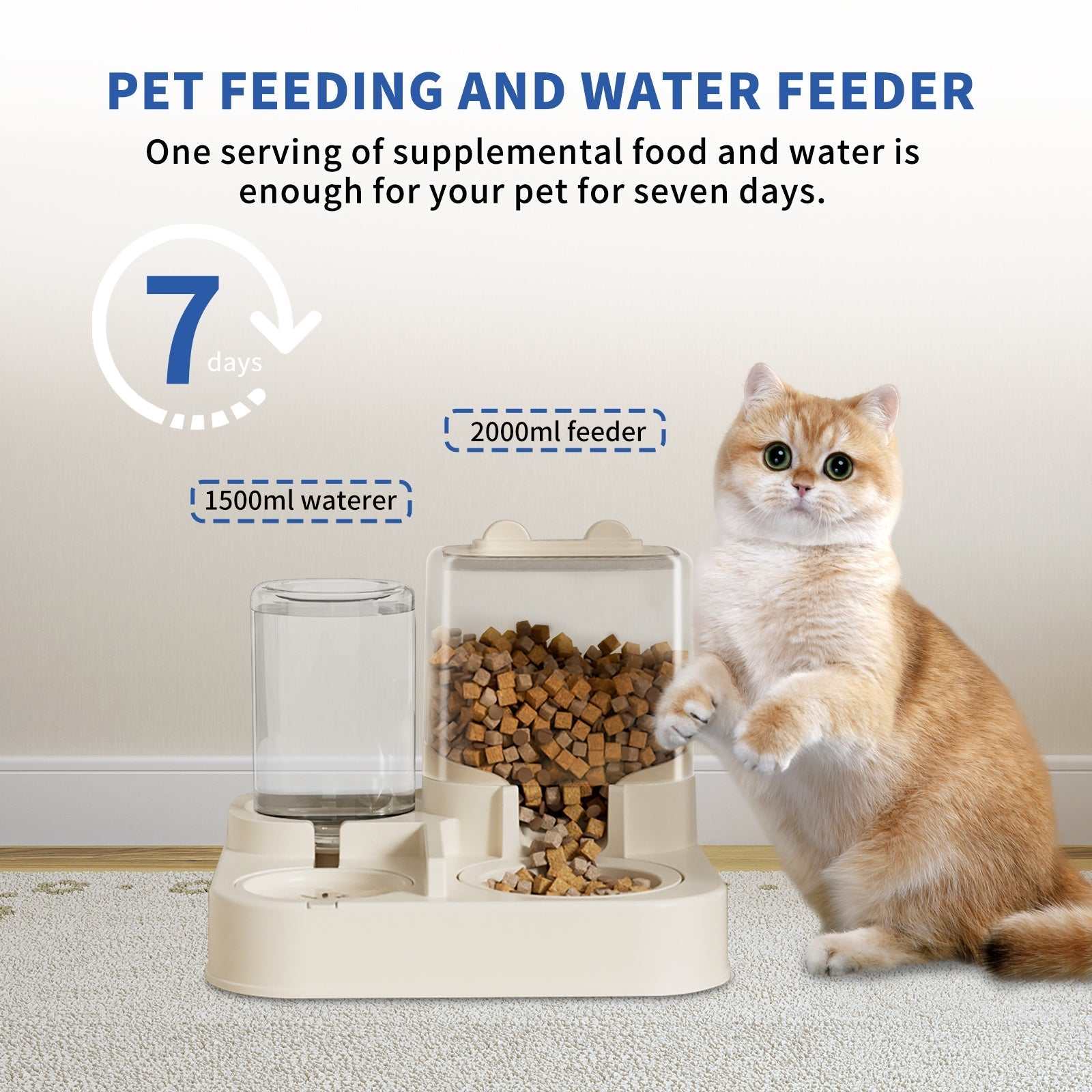 Transparent pet feeding and drinking dispenser with automatic food and water refill features for worry-free pet care.