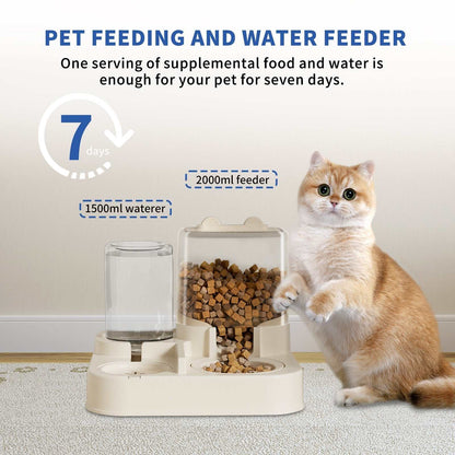 Transparent pet feeding and drinking dispenser with automatic food and water refill features for worry-free pet care.