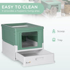 Fully Enclosed Cat Litter Box with Front Entry and Top Exit, Plastic, Green & White