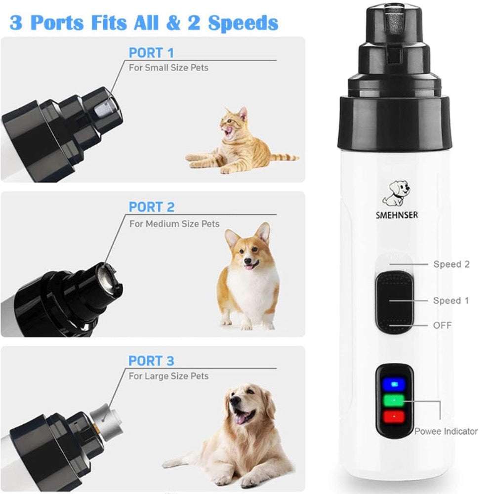 Cordless pet nail trimmers with rechargeable battery, two speeds, quiet motor, and extra grinding drums for all pet nail sizes