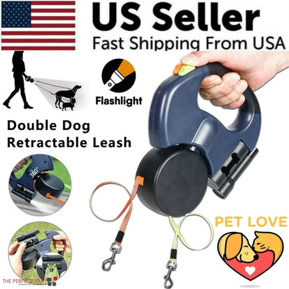 Dual pet leash retractable reflective lead with 360 swivel and ergonomic handle for double dog walking
