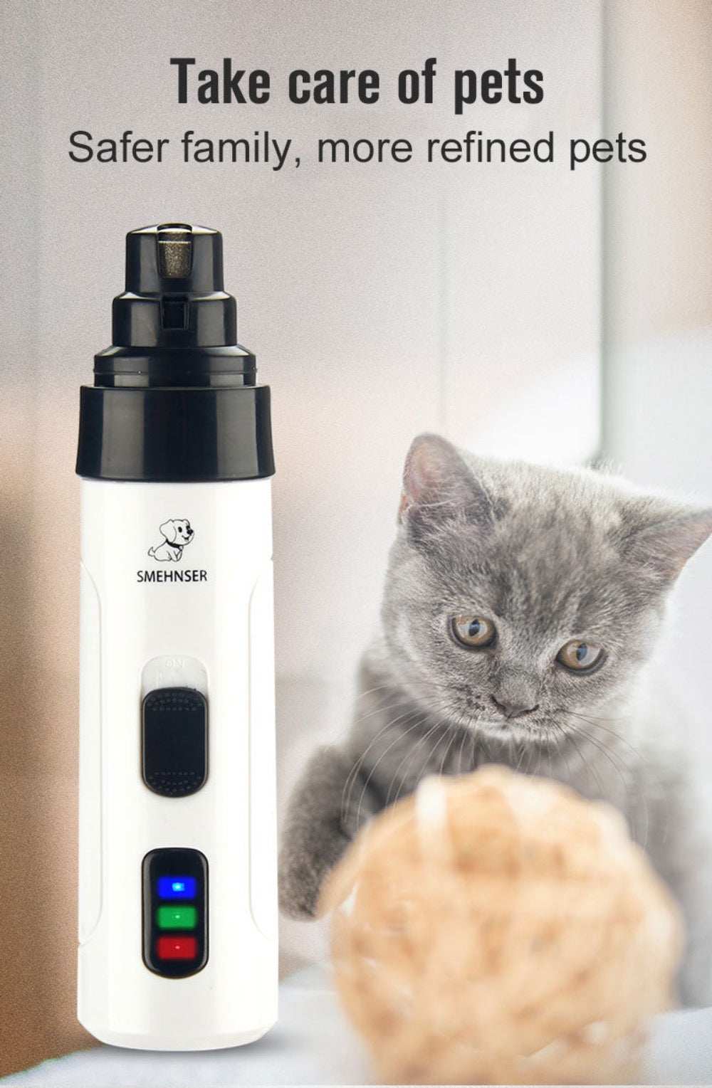 Cordless pet nail trimmer with rechargeable battery, two speeds, quiet motor, and ergonomic design for easy pet grooming
