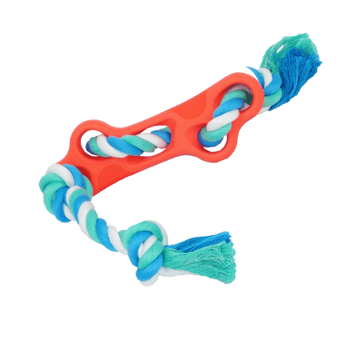 Durable rubber bone dog chew toy with tug rope for active dogs