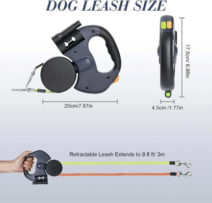 Dual pet leash retractable reflective 360 swivel double dog walking lead with ergonomic handle and built-in night light