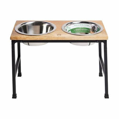 Wood and metal elevated feeder with mango wood base and stainless steel bowls for pets