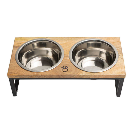 Handcrafted wood and metal elevated feeder with stainless steel bowls for pets