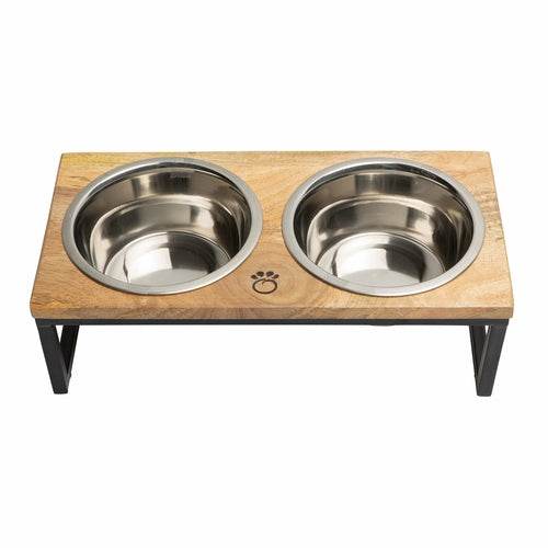 Wood & metal elevated feeder with handcrafted mango wood and removable stainless steel bowls for pets
