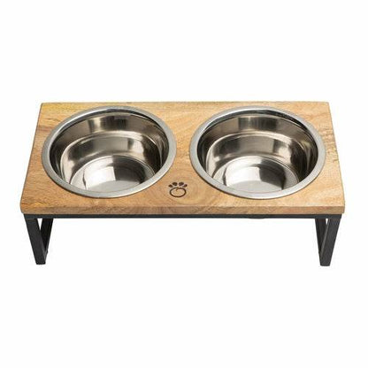 Wood & metal elevated feeder with handcrafted mango wood and removable stainless steel bowls for pets