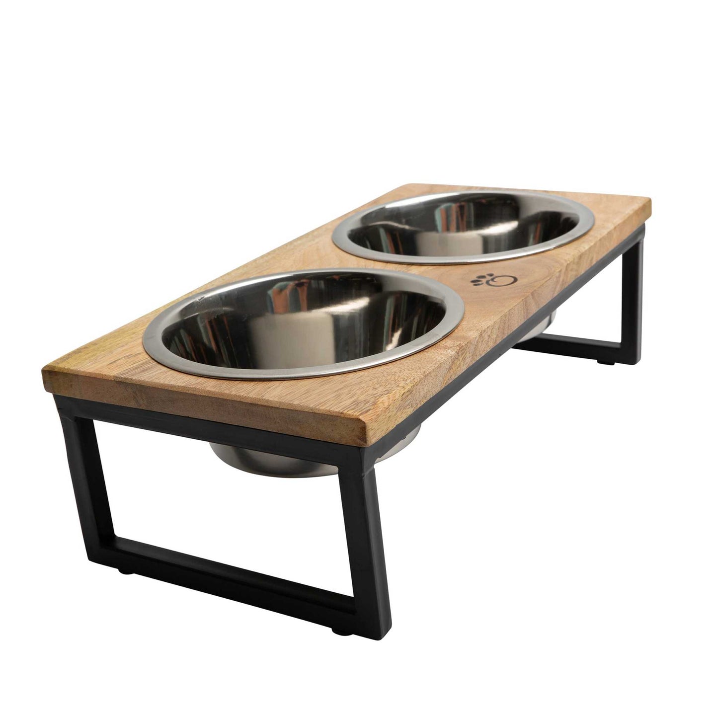 Wood & Metal Elevated Feeder with hand-crafted mango wood and stainless steel bowls for pets