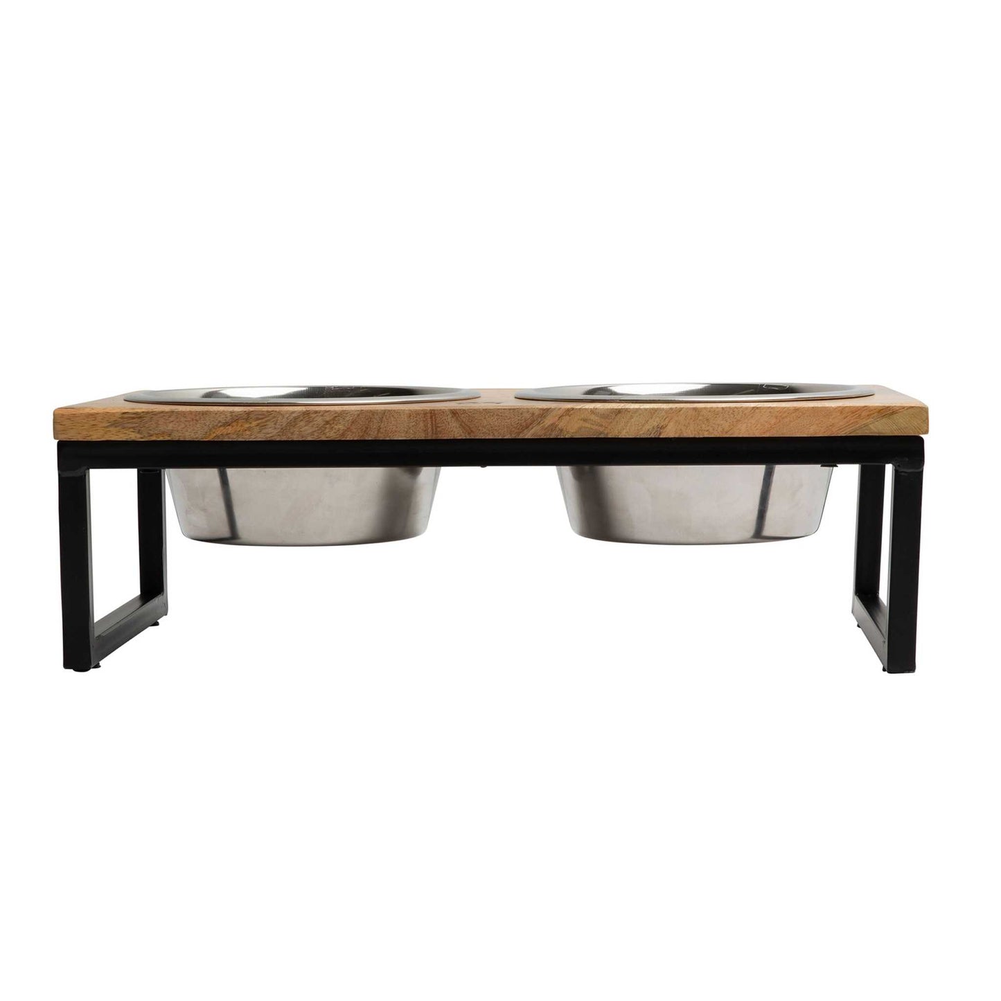 Wood and metal elevated pet feeder with removable stainless steel bowls handcrafted from mango wood
