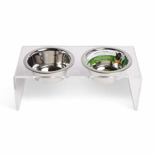 Clear acrylic double feeder with two stainless steel bowls for pets, modern elevated design