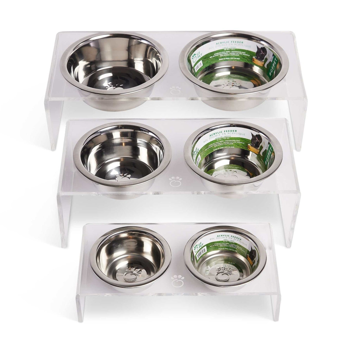 Clear acrylic double feeder with elevated design and stainless steel bowls for pets