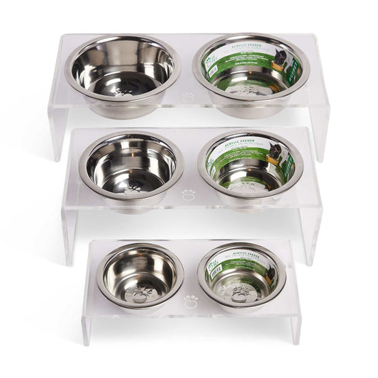 Clear acrylic double feeder with elevated design and stainless steel bowls for pets