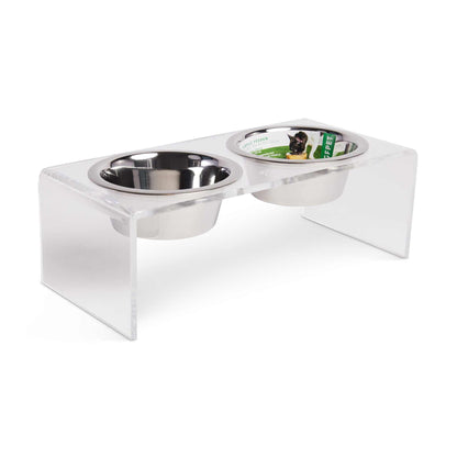 Clear acrylic double pet feeder with two stainless steel bowls and elevated ergonomic design