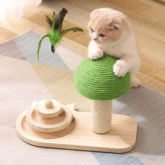 Pet tree scratching post with feather toy and wooden balls for interactive play